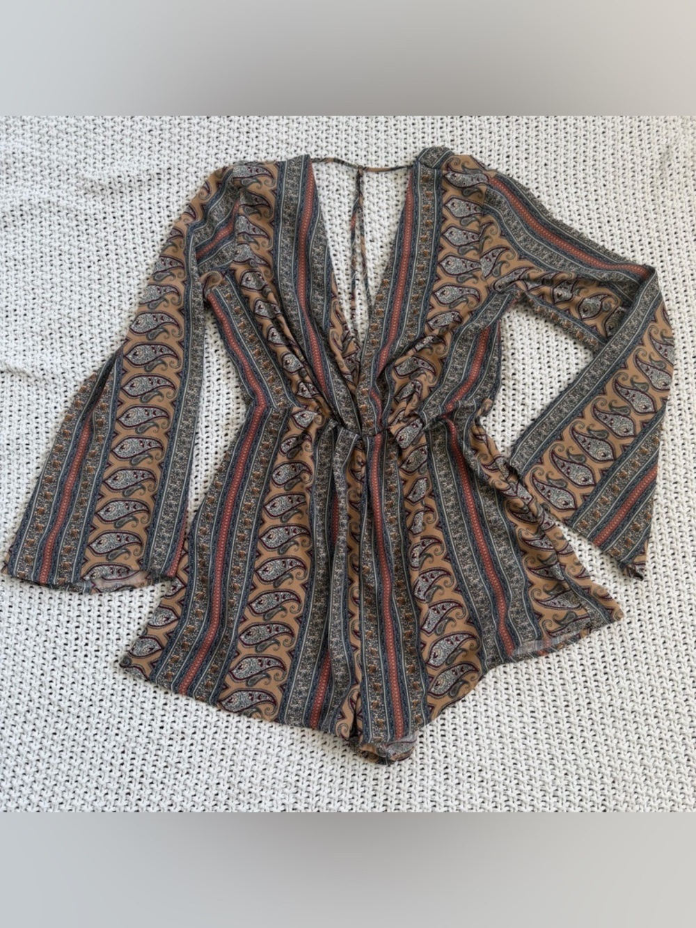 The Impeccable Pig Multicolor Paisley V-Neck Open Back Romper Bell Sleeve Tan